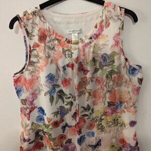 Christopher & Banks Womens Top Size L Ivory Floral Butterfly Round Neck Lined